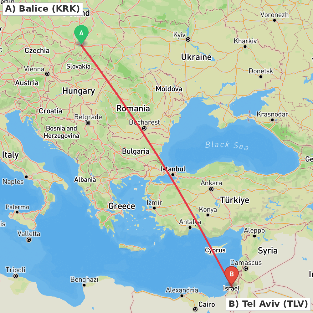 Flight route map from Balice to Tel Aviv