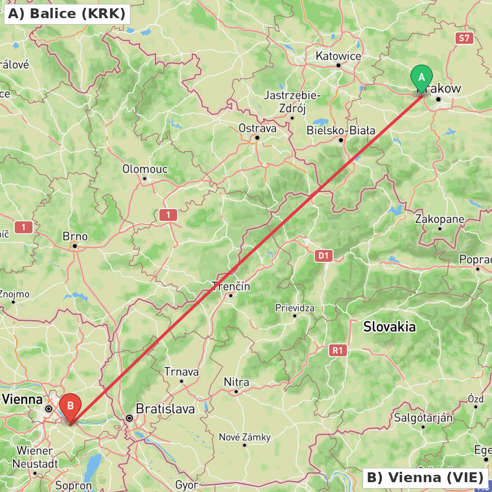Flight route map from Balice to Vienna