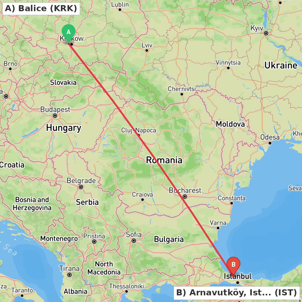 Flight route map from Balice to Arnavutköy, Istanbul