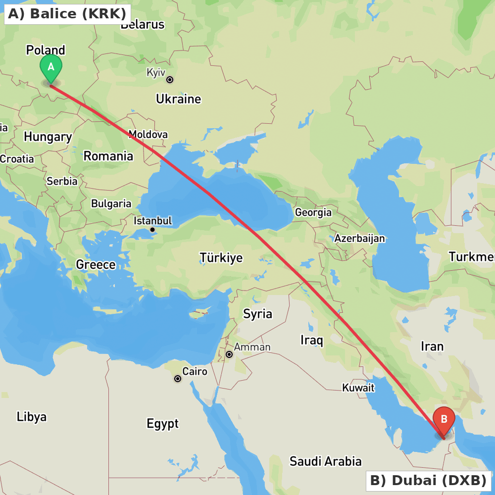 Flight route map from Balice to Dubai