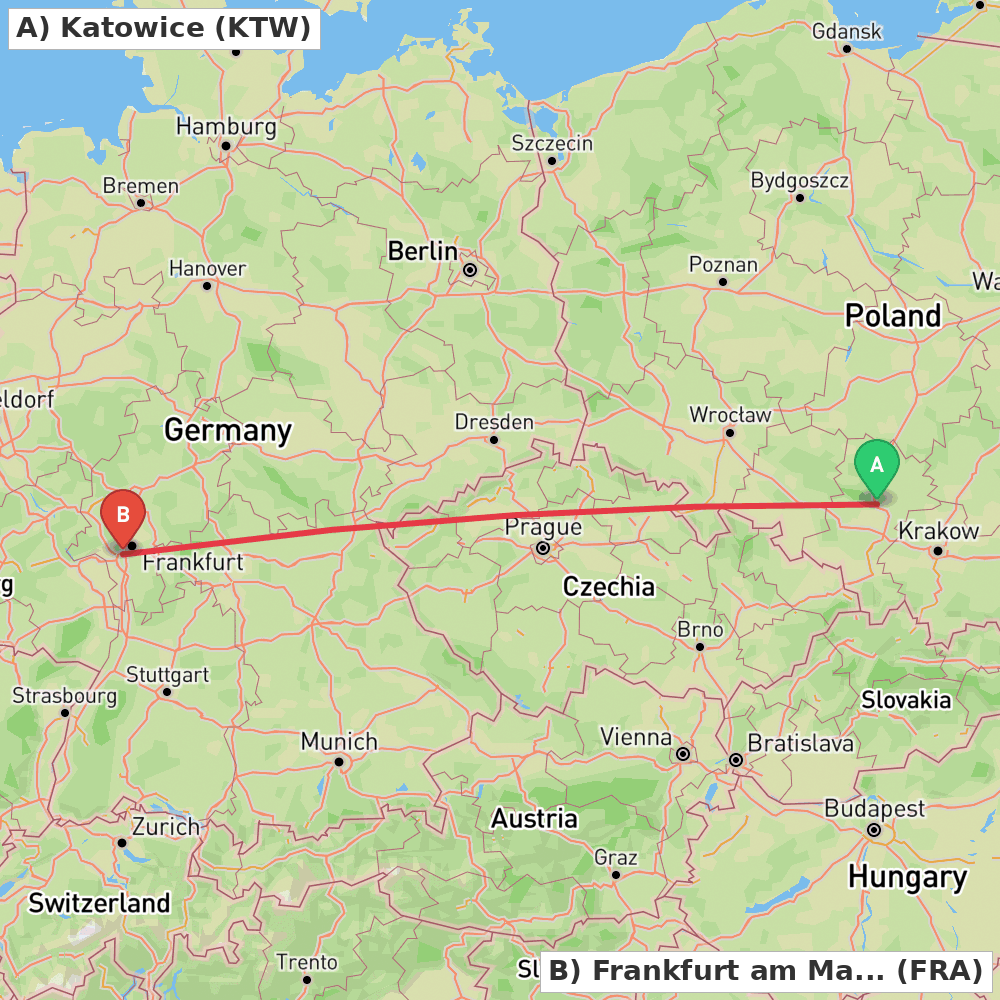 Flight route map from Katowice to Frankfurt am Main