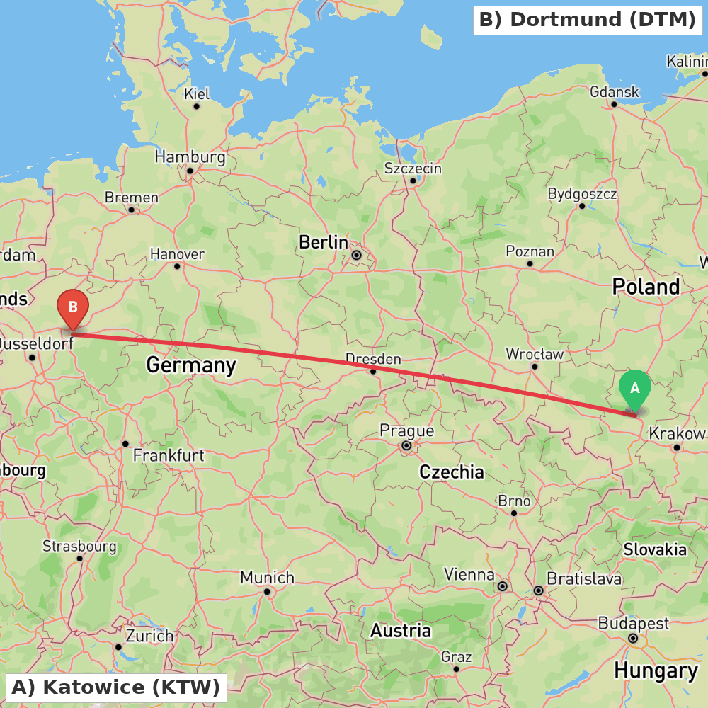 Flight route map from Katowice to Dortmund