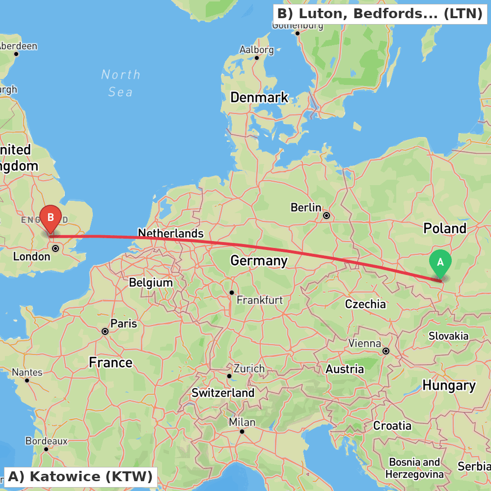 Flight route map from Katowice to Luton, Bedfordshire