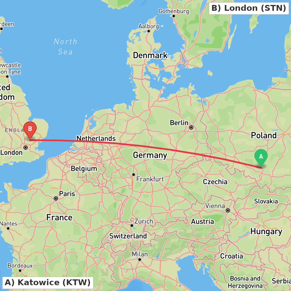 Flight route map from Katowice to London