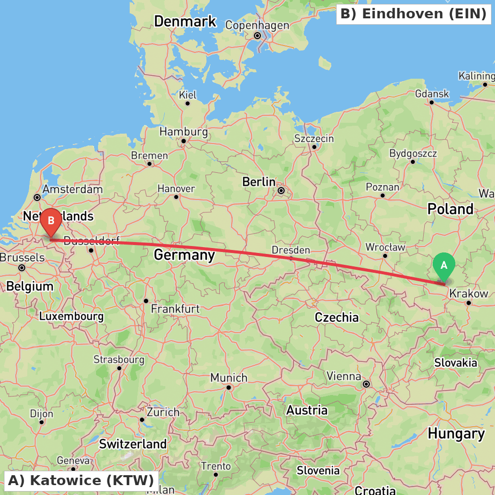 Flight route map from Katowice to Eindhoven