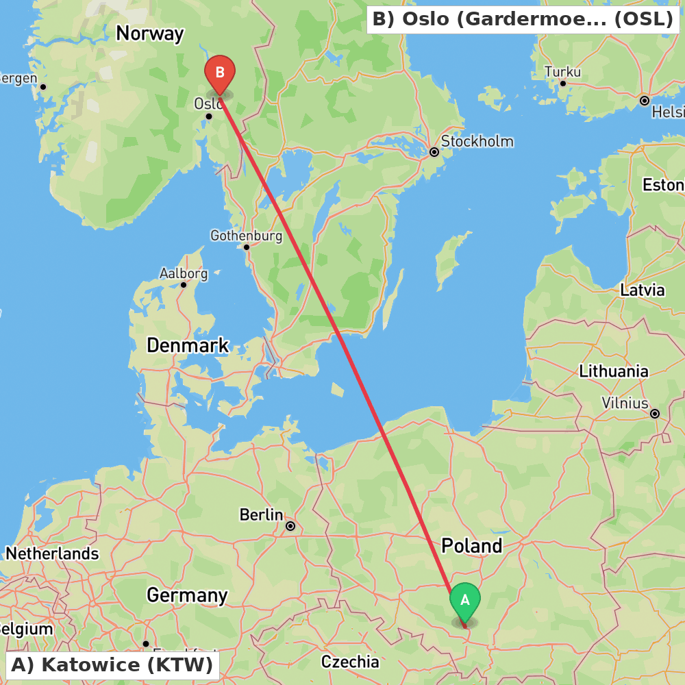Flight route map from Katowice to Oslo (Gardermoen)