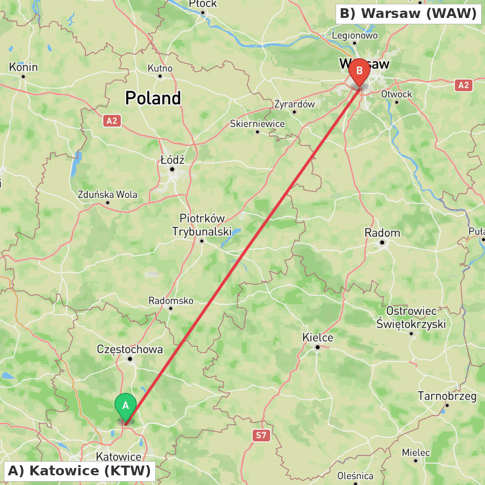 Flight route map from Katowice to Warsaw