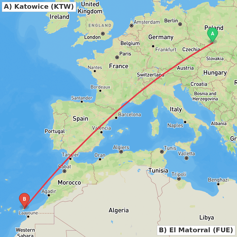Flight route map from Katowice to El Matorral