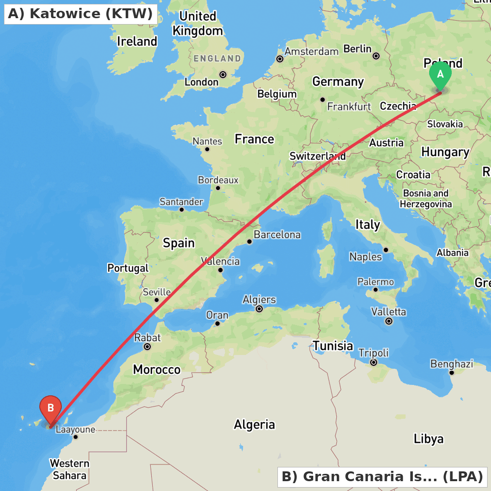 Flight route map from Katowice to Gran Canaria Island