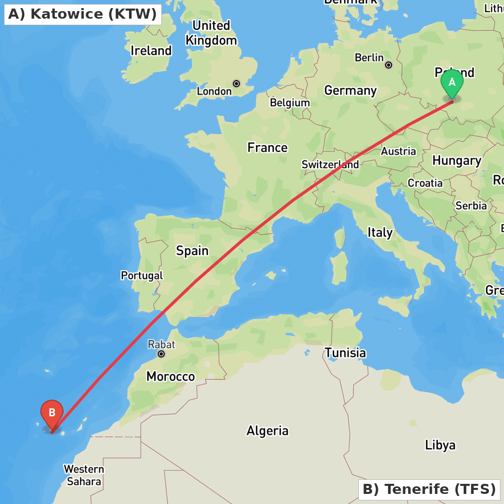 Flight route map from Katowice to Tenerife