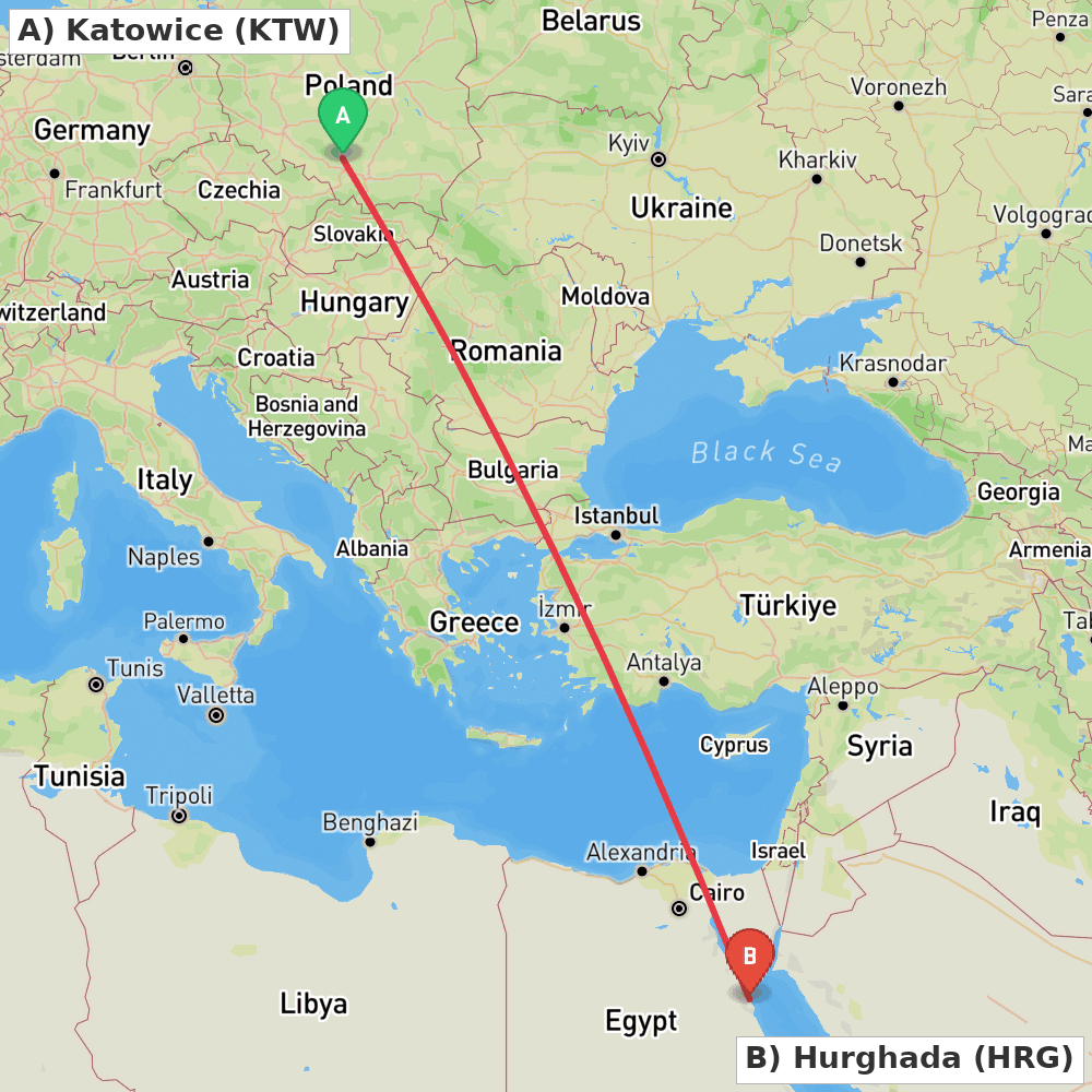 Flight route map from Katowice to Hurghada