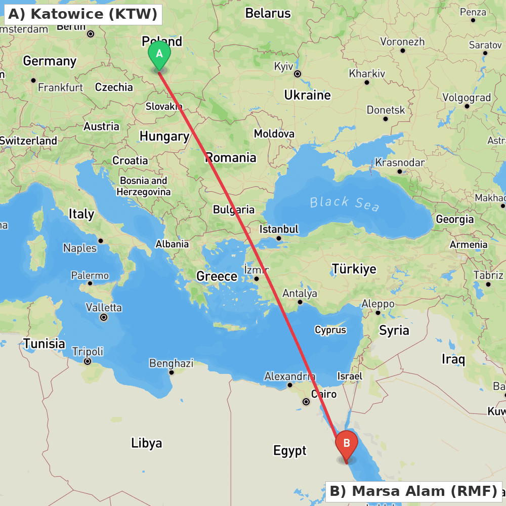 Flight route map from Katowice to Marsa Alam