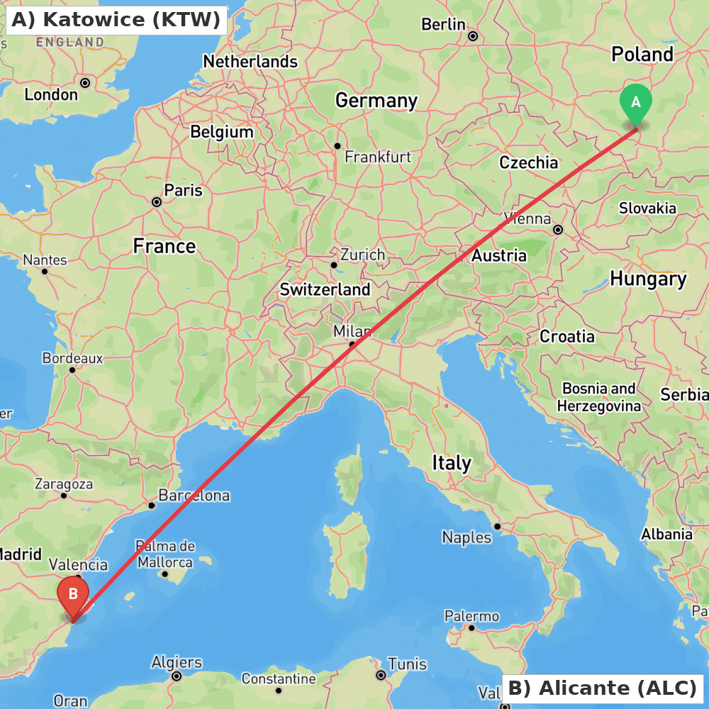 Flight route map from Katowice to Alicante