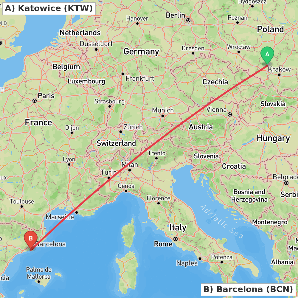 Flight route map from Katowice to Barcelona