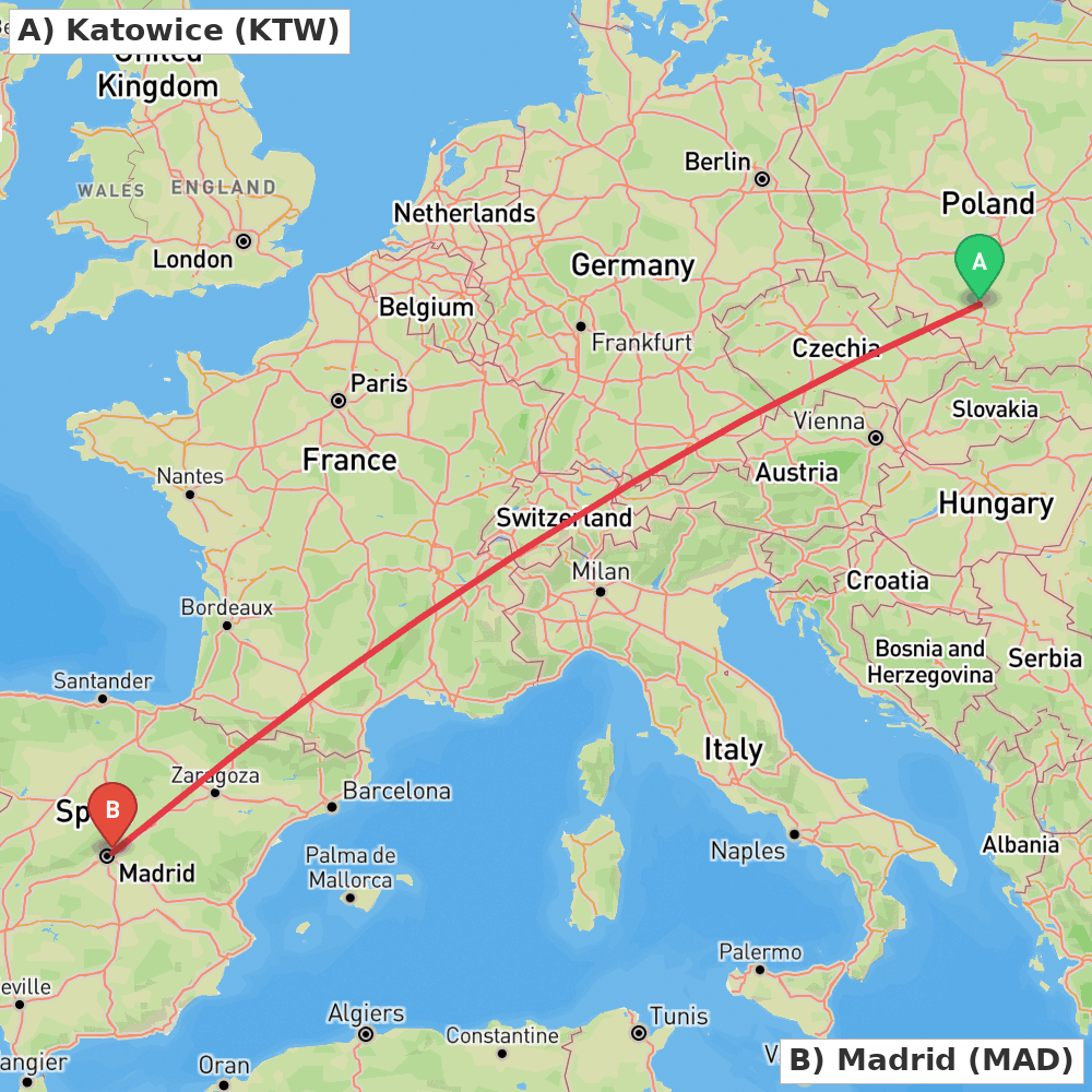 Flight route map from Katowice to Madrid