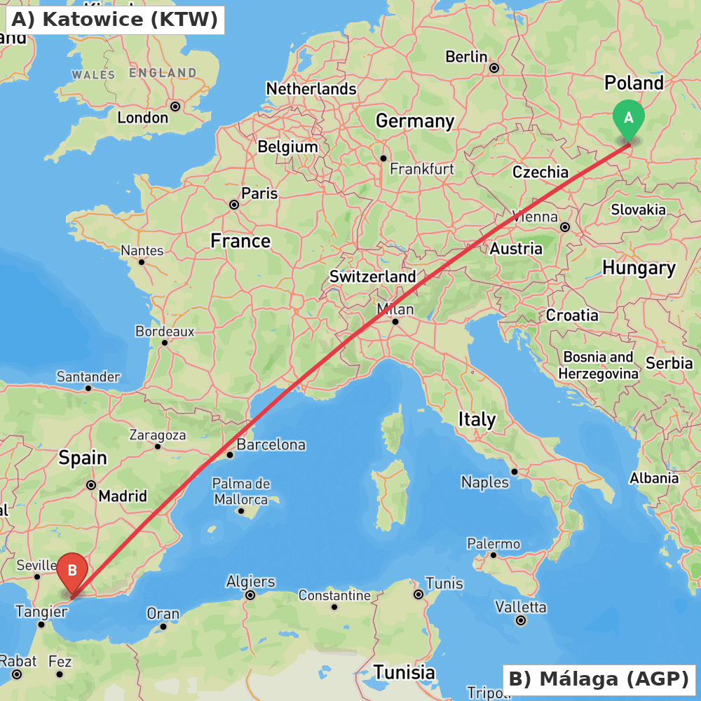 Flight route map from Katowice to Málaga