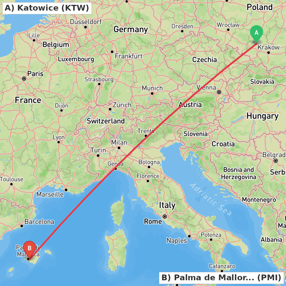 Flight route map from Katowice to Palma de Mallorca
