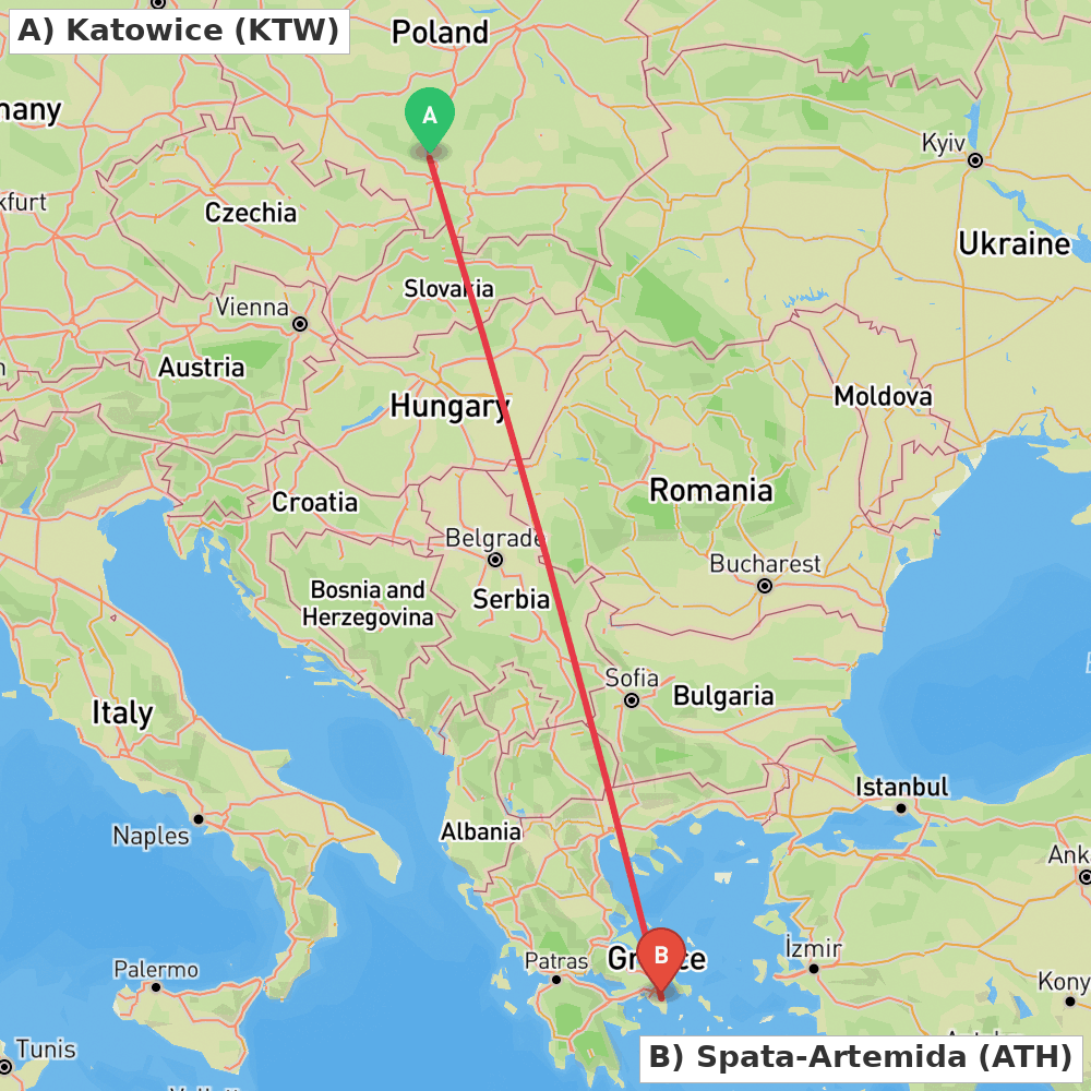 Flight route map from Katowice to Spata-Artemida