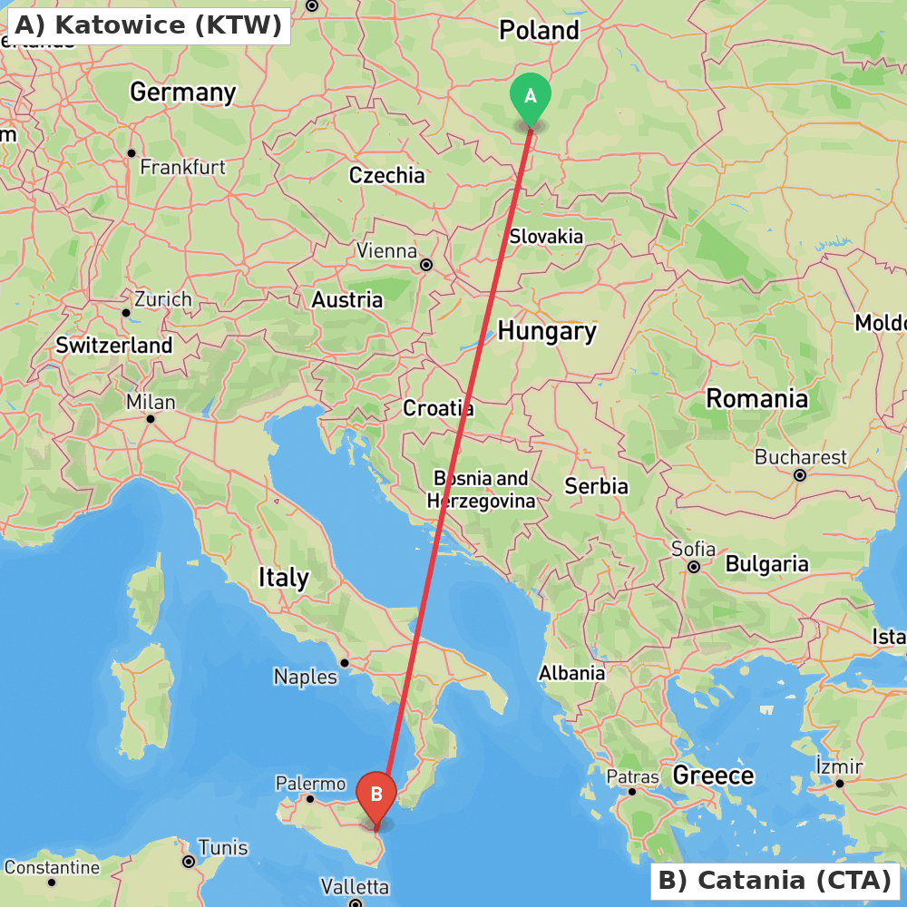 Flight route map from Katowice to Catania