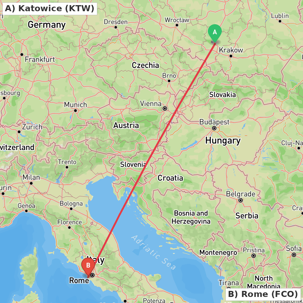 Flight route map from Katowice to Rome