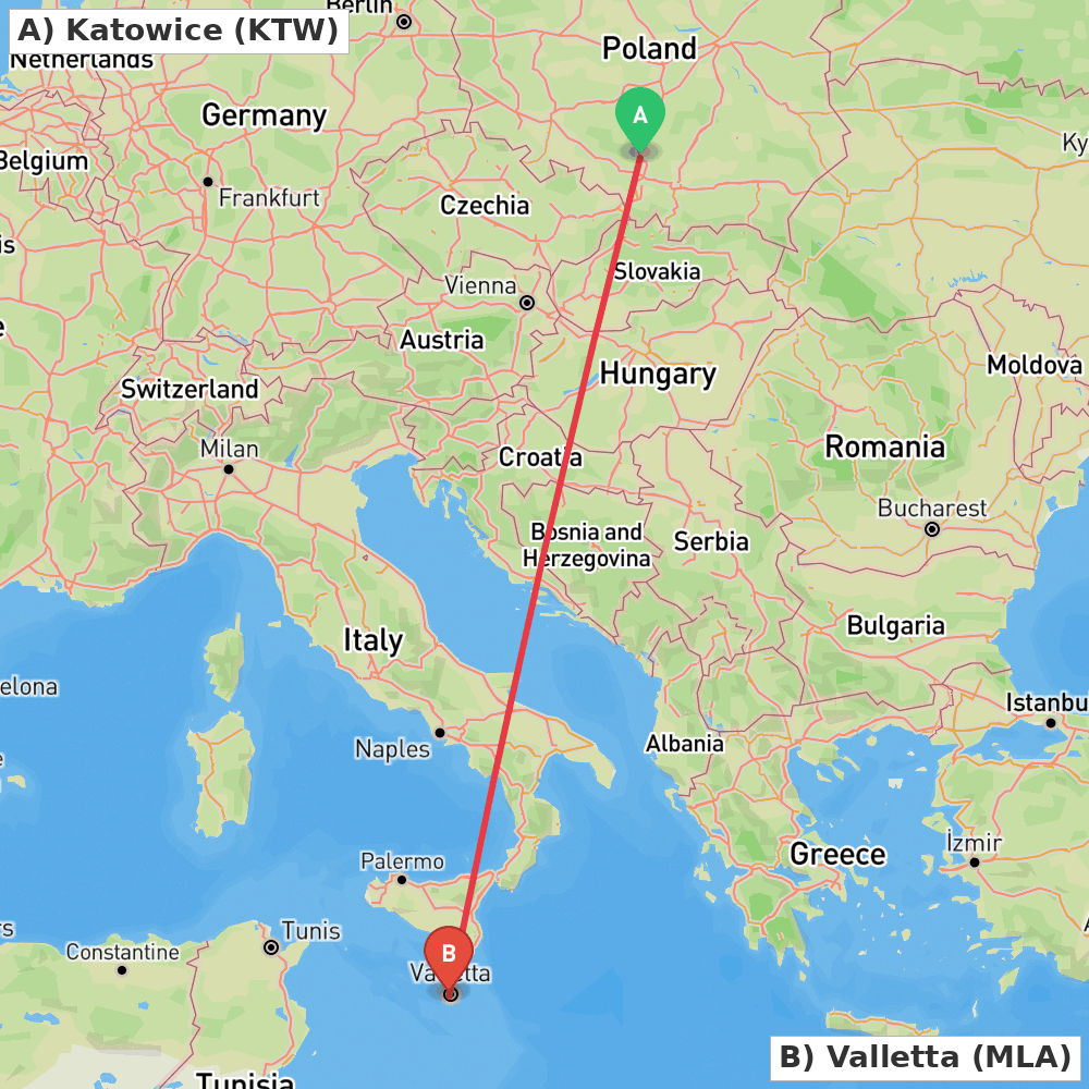Flight route map from Katowice to Valletta