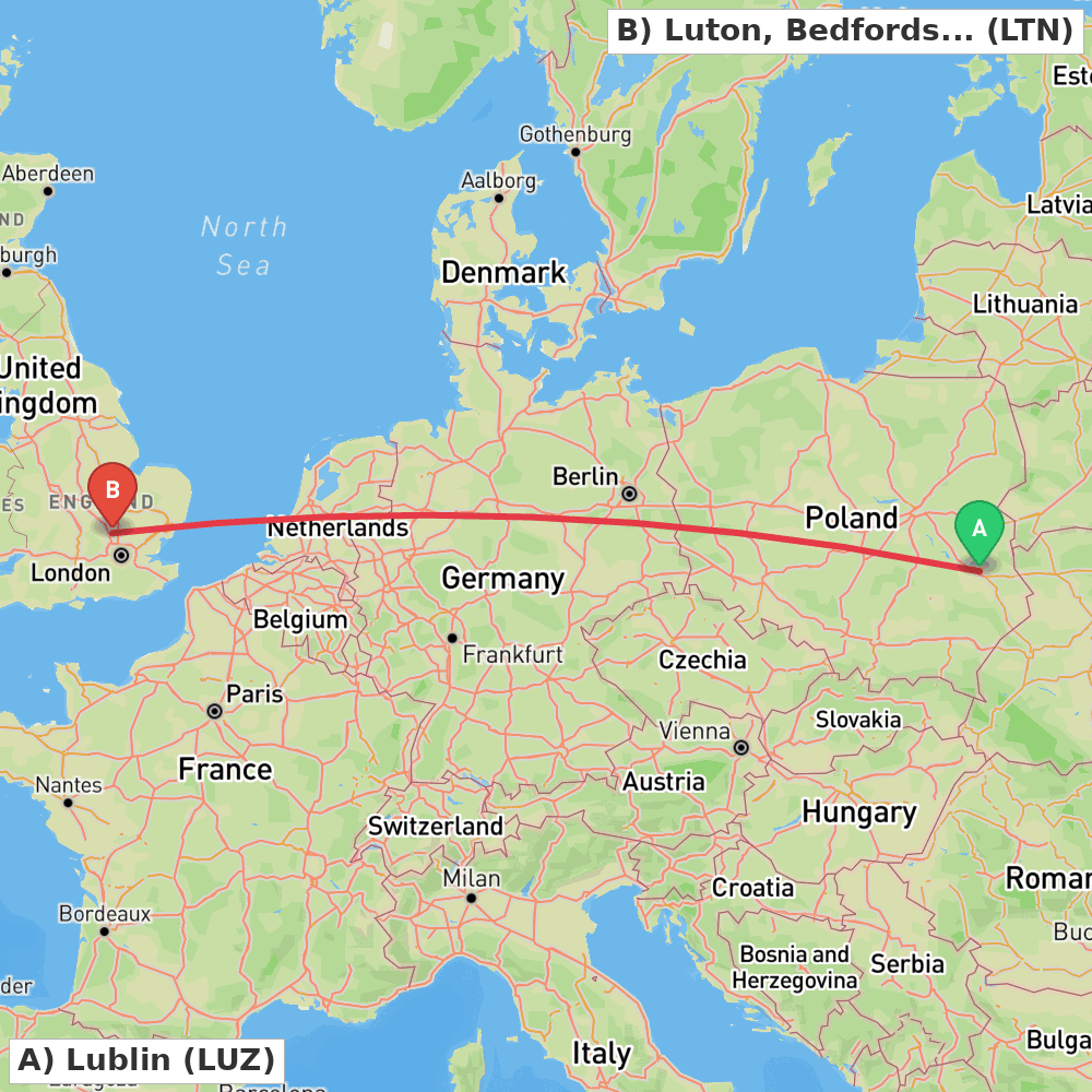 Flight route map from Lublin to Luton, Bedfordshire