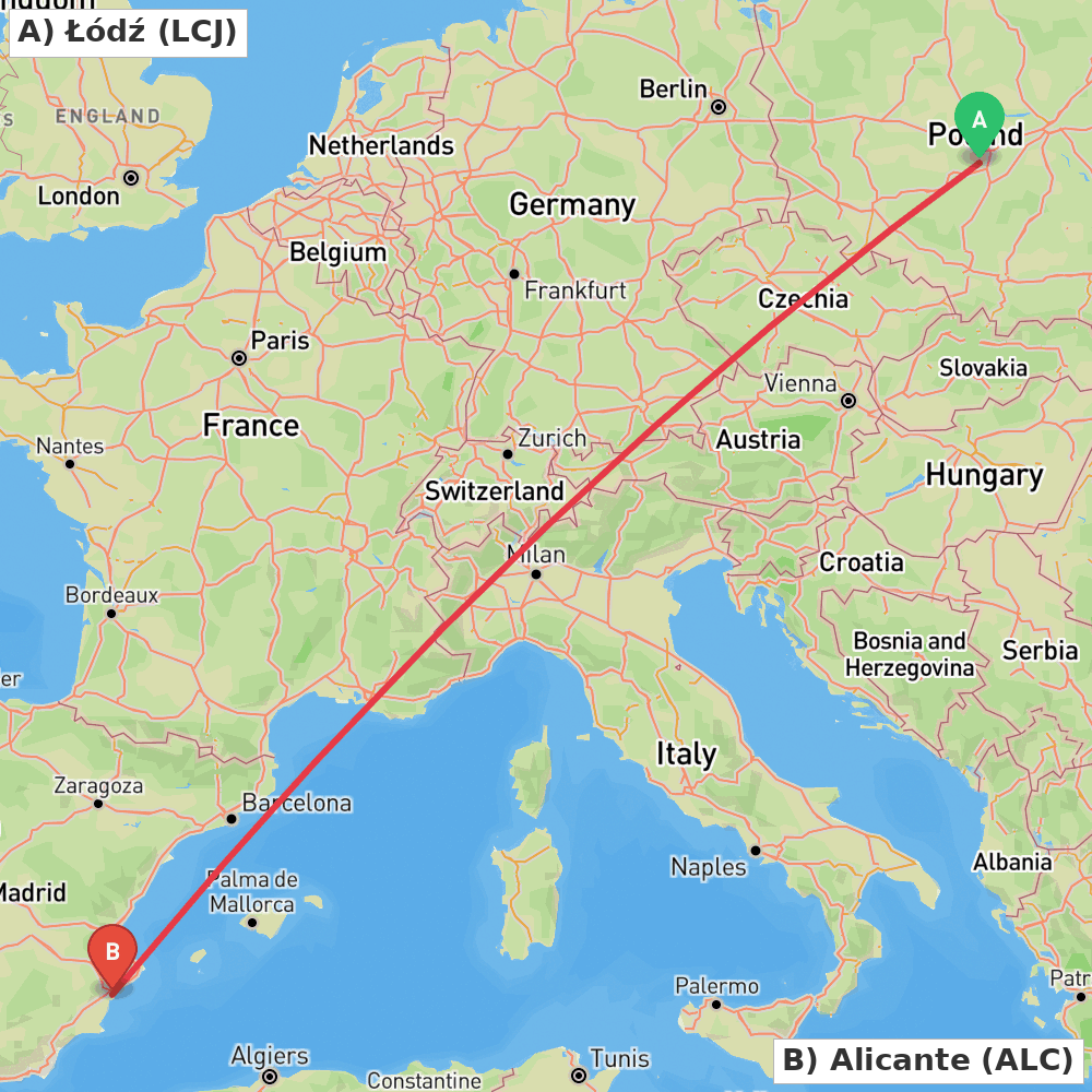 Flight route map from Łódź to Alicante