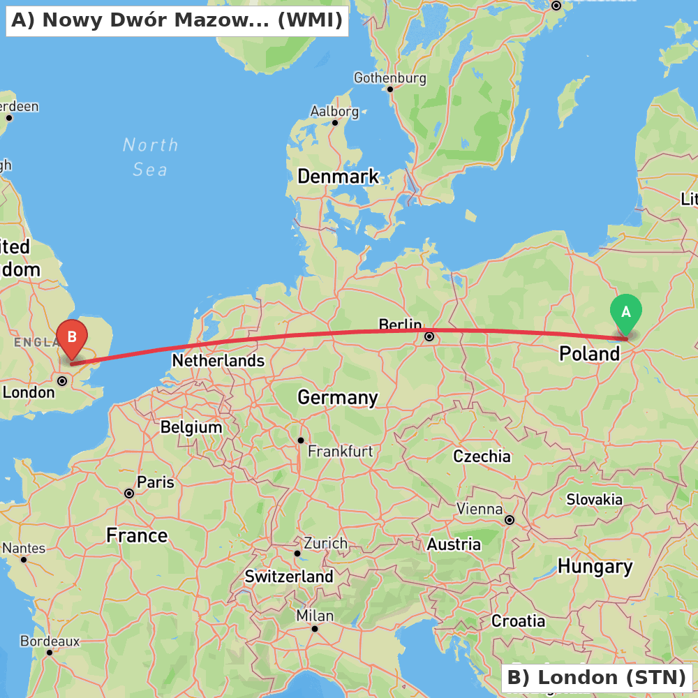 Flight route map from Nowy Dwór Mazowiecki to London