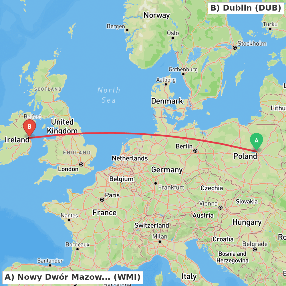 Flight route map from Nowy Dwór Mazowiecki to Dublin
