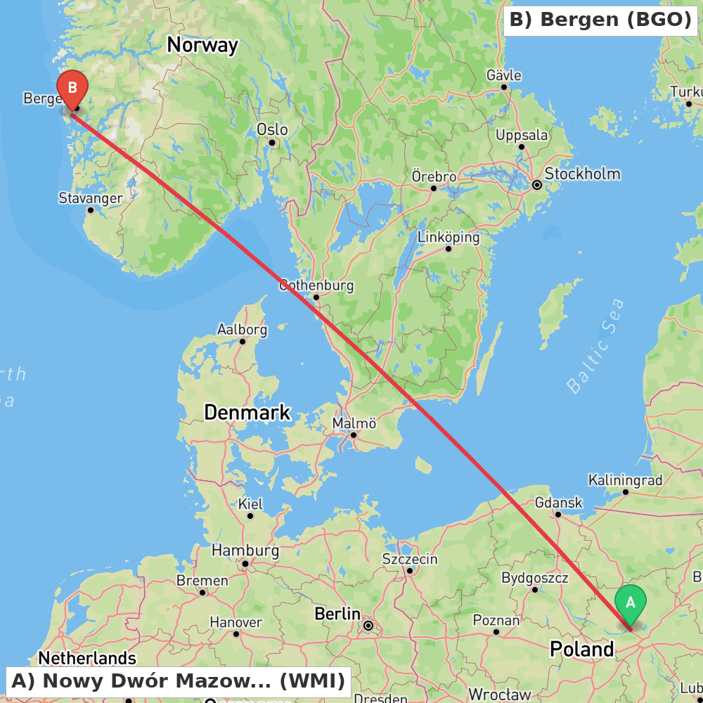 Flight route map from Nowy Dwór Mazowiecki to Bergen