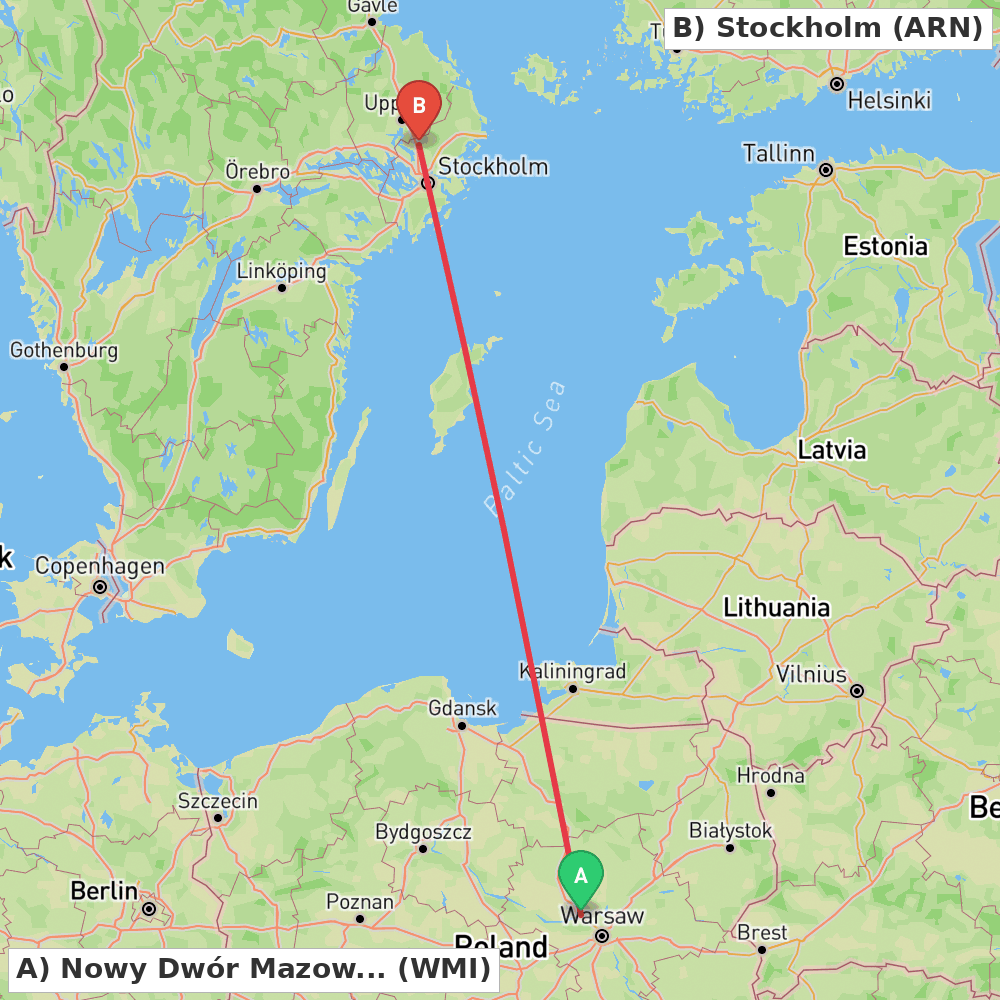 Flight route map from Nowy Dwór Mazowiecki to Stockholm