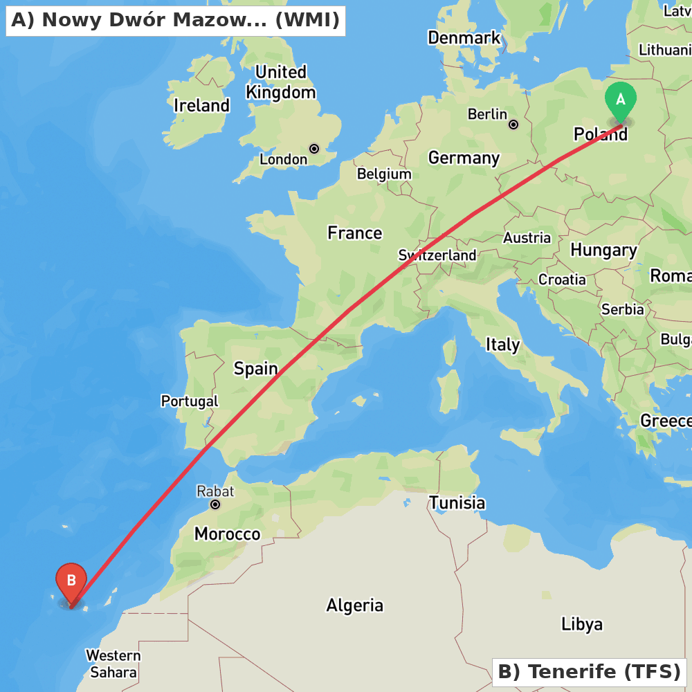 Flight route map from Nowy Dwór Mazowiecki to Tenerife