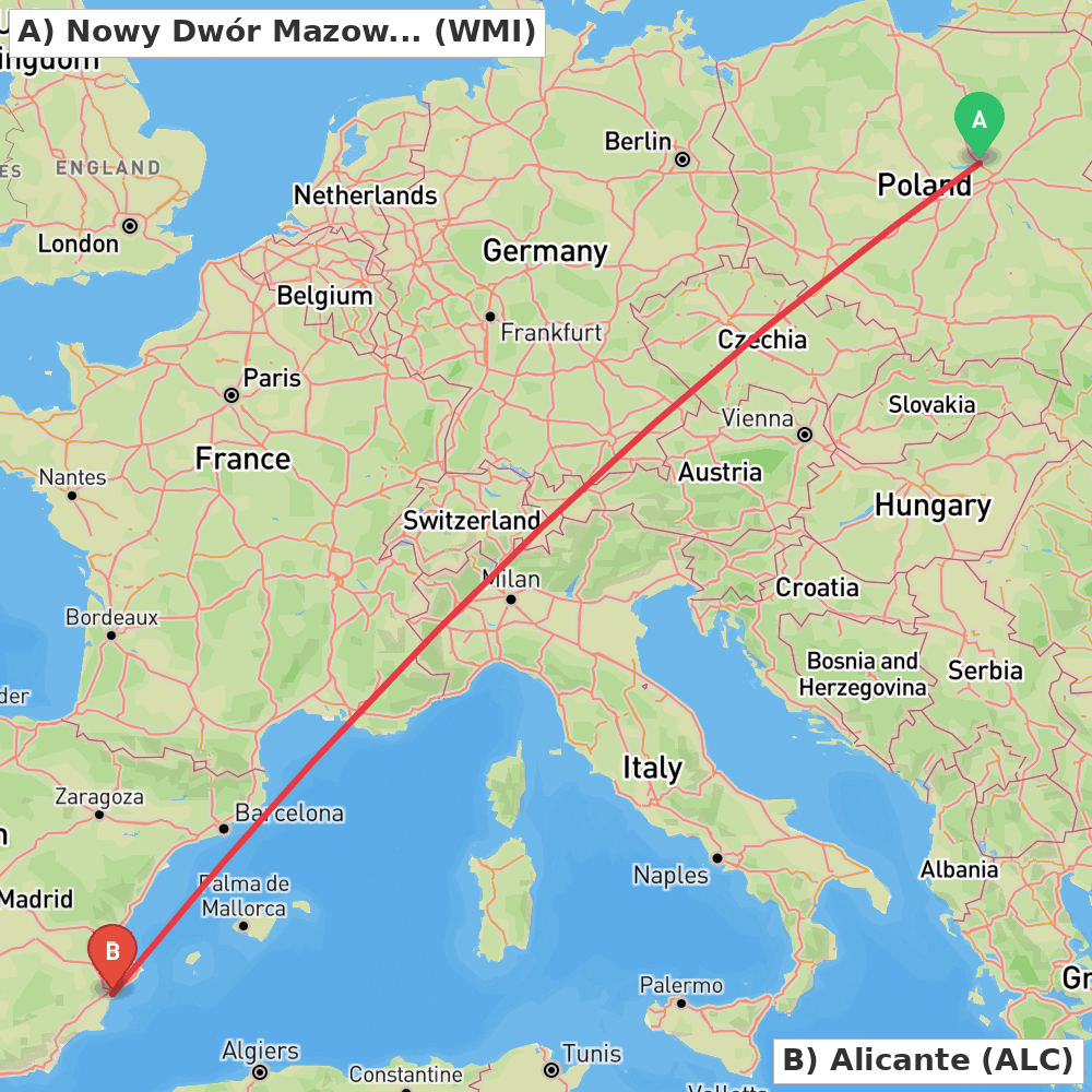 Flight route map from Nowy Dwór Mazowiecki to Alicante