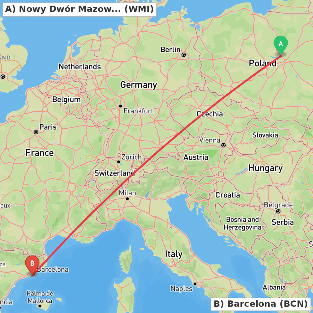 Flight route map from Nowy Dwór Mazowiecki to Barcelona