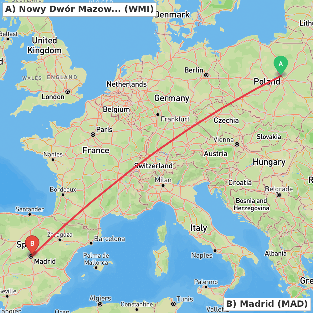 Flight route map from Nowy Dwór Mazowiecki to Madrid