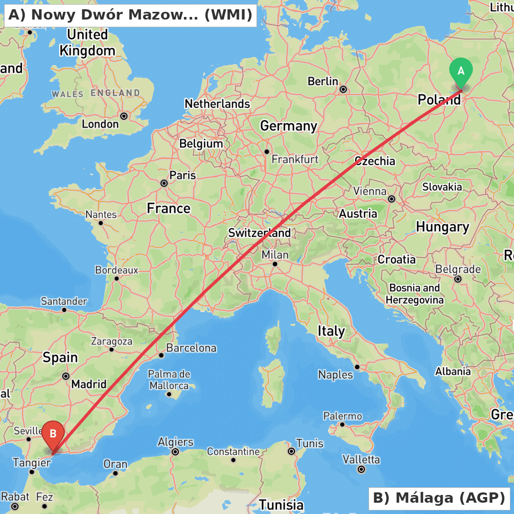 Flight route map from Nowy Dwór Mazowiecki to Málaga