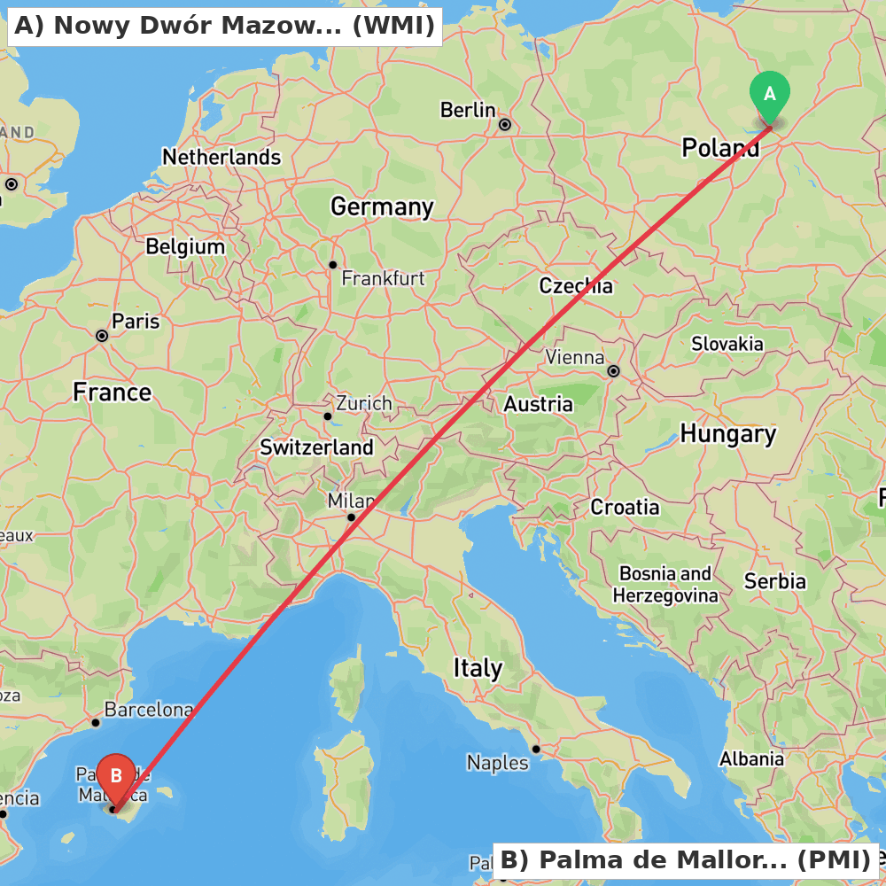 Flight route map from Nowy Dwór Mazowiecki to Palma de Mallorca