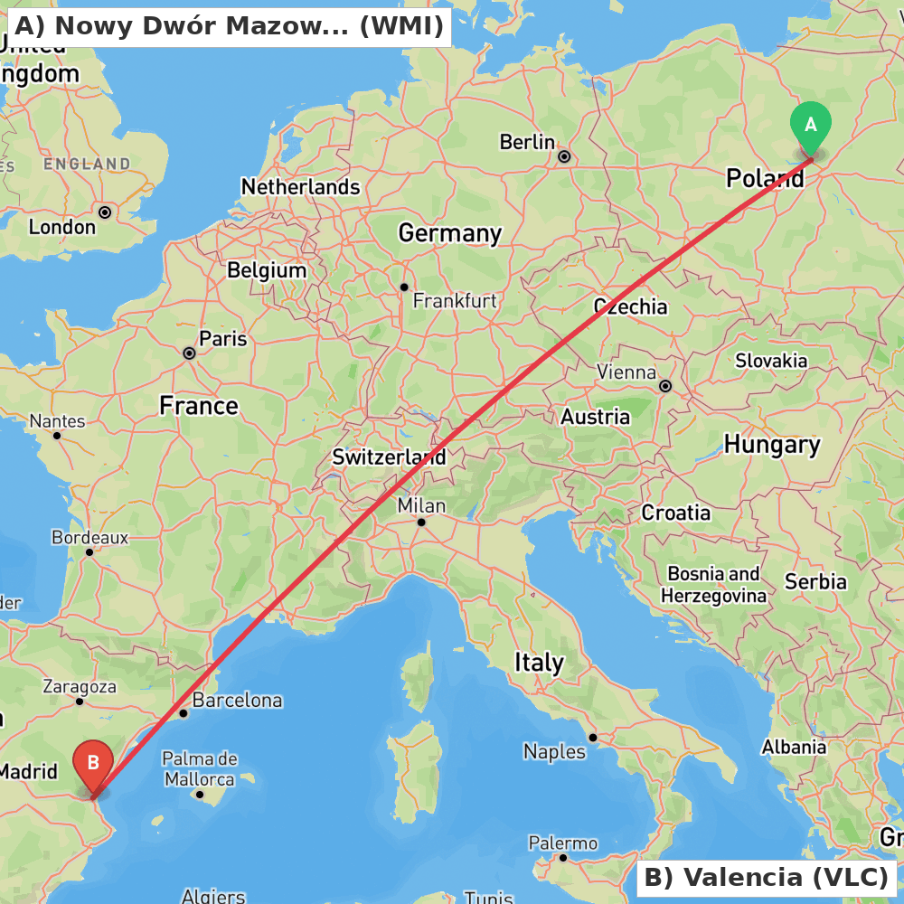 Flight route map from Nowy Dwór Mazowiecki to Valencia