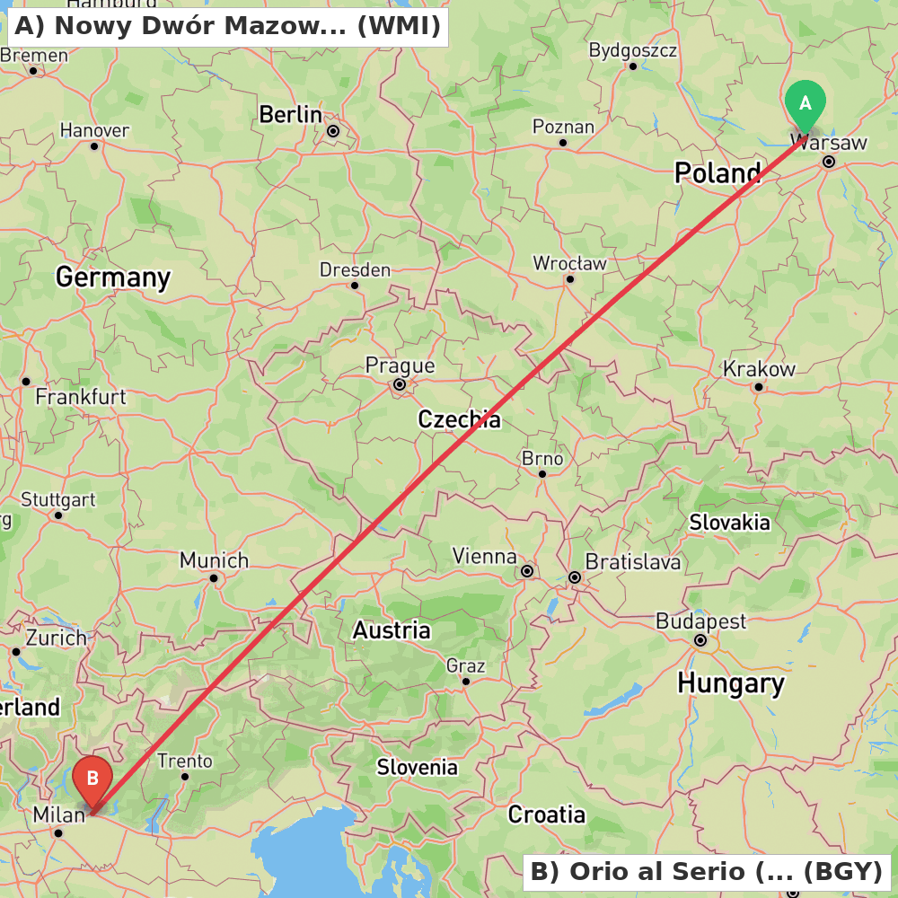Flight route map from Nowy Dwór Mazowiecki to Orio al Serio (BG)