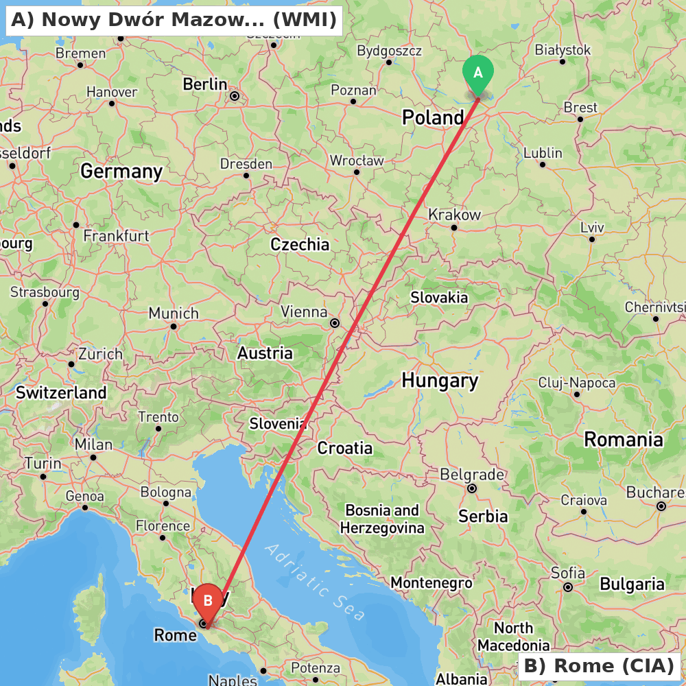 Flight route map from Nowy Dwór Mazowiecki to Rome