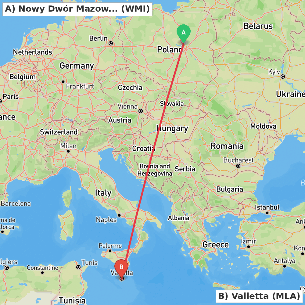 Flight route map from Nowy Dwór Mazowiecki to Valletta