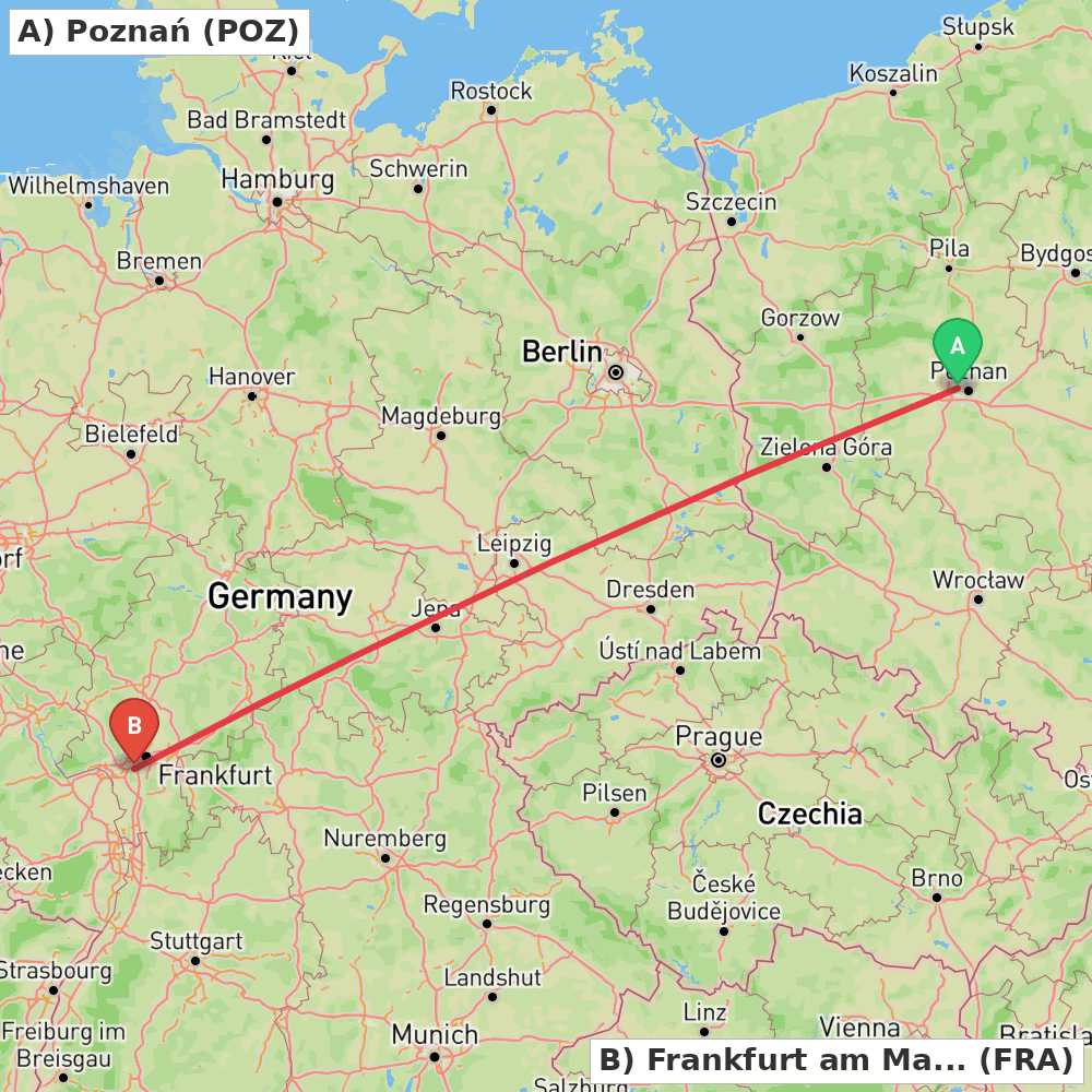 Flight route map from Poznań to Frankfurt am Main