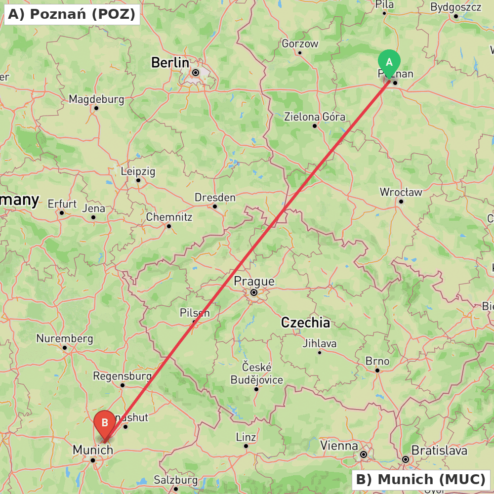 Flight route map from Poznań to Munich