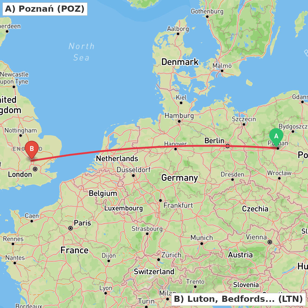 Flight route map from Poznań to Luton, Bedfordshire