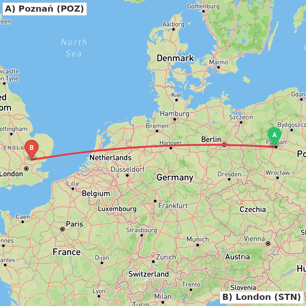Flight route map from Poznań to London