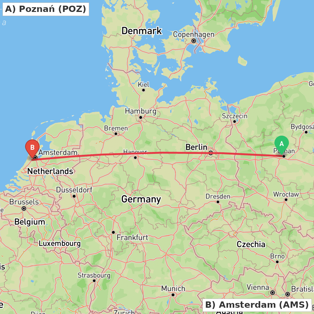 Flight route map from Poznań to Amsterdam