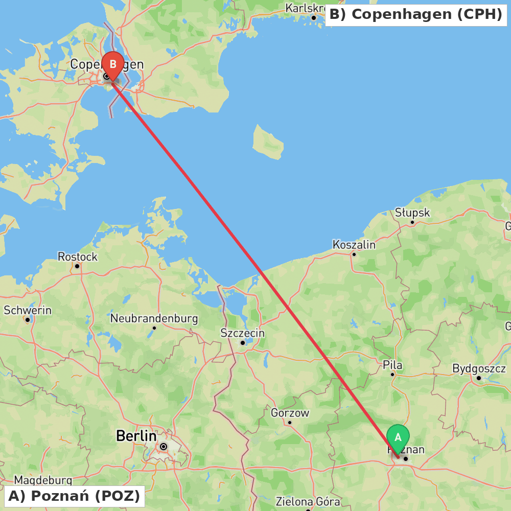 Flight route map from Poznań to Copenhagen
