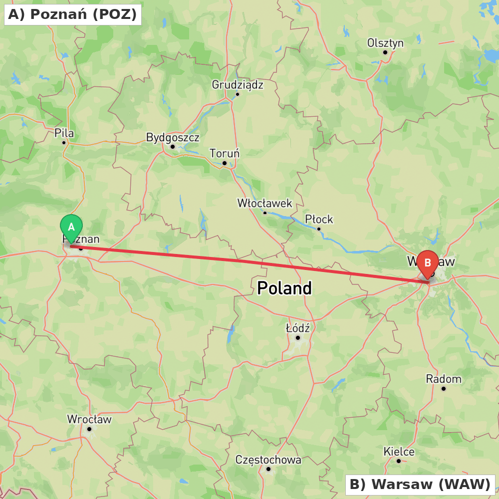 Flight route map from Poznań to Warsaw