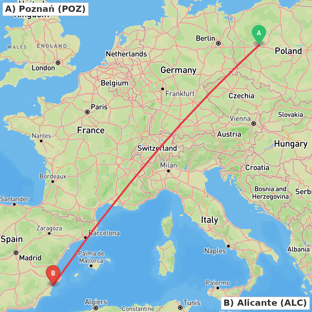 Flight route map from Poznań to Alicante