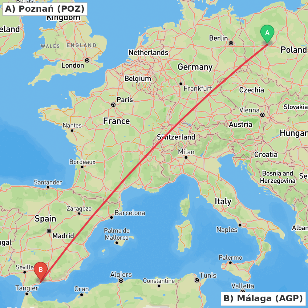 Flight route map from Poznań to Málaga
